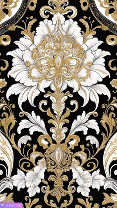 an ornate black and gold wallpaper with white flowers