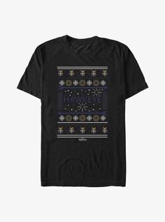 a black t - shirt with the words happy christmas written in gold and blue on it