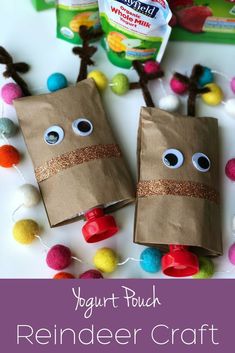 two brown paper bags with googly eyes on them and some pom - poms around