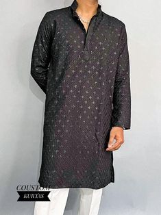 **Welcome to Our Shop: Coustomkurtas** Pure  Black Chikankari Work Kurta Pajama For Men | Embroidered Kurta Sets | Indian Kurta Pyjama for Wedding | Georgette Kurta Sets - Black - Sequence Kurta Pyjama  **Men's Long Kurta**   Elevate your ethnic wardrobe with our top-quality Short Kurta. Crafted from a luxurious cotton blend, this regular-fit kurta features full sleeves and a classic design. Pair it with traditional for a standout look at special occasions. **Product Details - **Material  Embroi Luxury Cotton Sport Coat For Work, Traditional Black Jamawar Kurta, Kurta Pyjama Men, Kurta Pajama Men Black Colour, Black Kurta Pajama With Shawl Men, Men’s Black Kurta, Black Semi-stitched Jamawar Kurta, Georgette Kurta, Chikankari Work