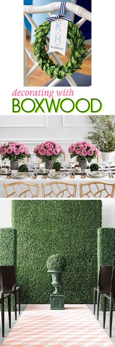 a table with chairs and flowers on it in front of a boxwood wall