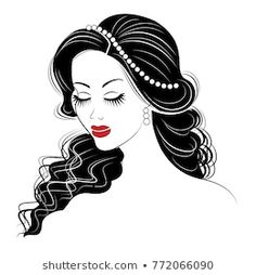 a woman with long hair and pearls on her head