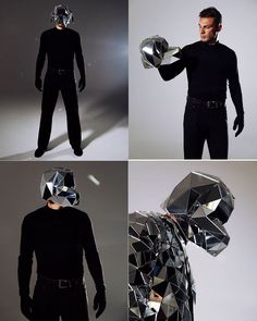 four different images of a man in black and silver clothing with an animal mask on his head