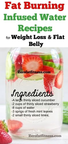 a jar filled with fruit and water next to sliced cucumber, strawberries