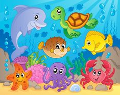 an underwater scene with sea animals and fish