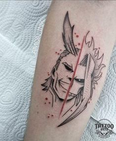 a tattoo on the leg of a person with a knife in his hand and an evil face