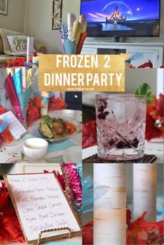 the frozen 2 dinner party is set up with flowers, candles and menus for guests to eat