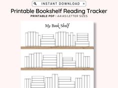 the printable bookshelf reading tracker is shown in three different sizes and colors