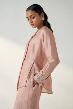 Blush pink full cuffed sleeves shirt with ivy vine embroidery detailing on the collar, cuffs and slits. Paired with a matching embroidered pant and an inner. - Aza Fashions Festive Long Sleeve Blouse With Embroidered Cuffs, Elegant Long Sleeve Sets With Embroidered Cuffs, Vine Embroidery, Ivy Vine, Shirt Pant, Embroidery Detailing, Embroidered Pants, Shirt Pant Set, Collar Neck