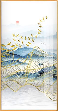 there is a painting with birds flying over the water