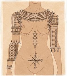 a drawing of a woman with tattoos on her body