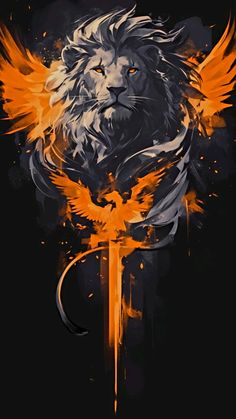 a lion with wings on it's head and an orange flame around its neck