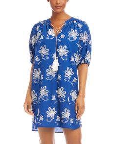 Karen Kane Embroidered Cotton Tassel Dress Summer Knee-length Embroidered Dress For Daywear, Spring Embroidered Beach Mini Dress, Spring Beach Embroidered Mini Dress, Spring Embroidered Dress For Beach, Floral Embroidered Dress For Beach, Floral Print Tunic Embroidered Dress, Embroidered Floral Tunic Dress, Summer Embroidered Beach Dress, Casual Floral Embroidery Beach Dress