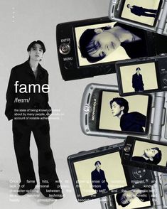 a man standing in front of five cell phones with images of him on them and the caption fame