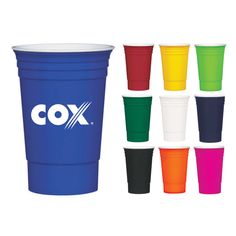 various colors of plastic cups with the logo cox