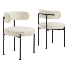 two chairs with black legs and white upholstered cushions, one in the shape of a chair