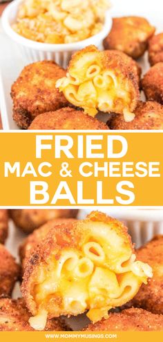 fried macaroni and cheese balls with text overlay