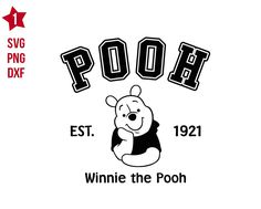 the pooh winnie the pooh logo is shown in black and white with red stars