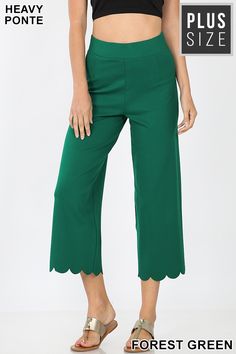 PLUS HEAVY PONTE HIGH RISE SCALLOP CROPPED PANTS TOTAL BODY WAIST: 35", INSEAM: 27 1/4 (to scallop edge)" approx.- MEASURED FROM 1X 68% rayon 27% nylon 5% spandex Scallop Pants, Womens Trousers, Jungle Green, Scallop Edge, Mid Century Mod, Ponte Pants, Crop Pants, Scalloped Hem, Total Body