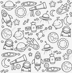 space doodles with stars, planets and rockets on white paper in black and white