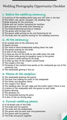 the wedding photography checklist is shown in green and white, with words on it