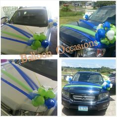 balloons are tied to the hood of a car with blue, green and white ribbons