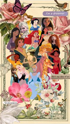 disney princesses collage with flowers and butterflies