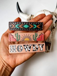 three different colored hair clips in the palm of someone's hand with an animal skull behind them