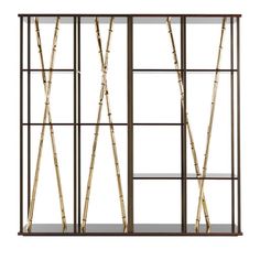 an art deco display case with bamboo and glass shelves on each side, in brown