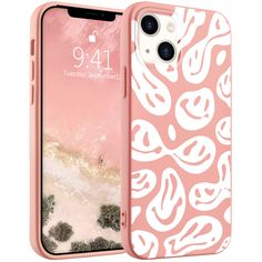 an iphone case with a pink and white design