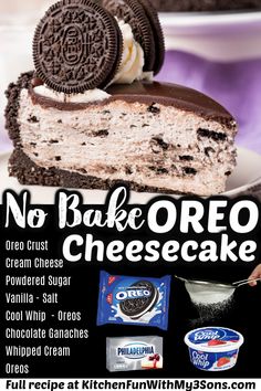 an advertisement for no bake oreo cheesecake