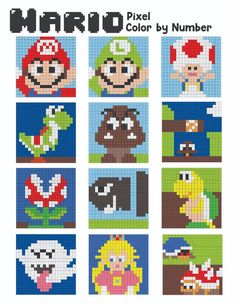 the mario bros cross stitch pattern is shown in different colors and sizes, including red, green