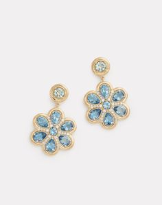 18K Yellow and White Gold Floral Earring with Aquamarine and Diamonds, .42 TCW 2 1/2 Inch Long x 5/8 Inch Wide Style# YWEPFAQW Blue Gold Jewelry, Floral Earring, Cocktail Earrings, Aquamarine Jewelry, Fancy Jewelry, Pear Shaped Diamond, Rose Gold Jewelry, Fantasy Jewelry