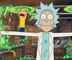 rick and mort standing in the middle of a room