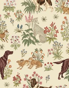 an animal themed wallpaper with dogs and flowers