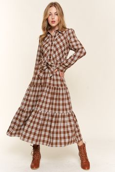 Brown Plaid Midi Shirt Dress Dress With Ankle Boots, Shirt Dress Style, Brown Plaid, Midi Shirt Dress, Plaid Pattern, Midi Length, Plus Size Dresses, Jumpsuit Dress, Outfit Sets