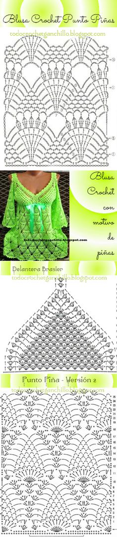 the crochet pattern is shown in green and white, with two rows of stitches on