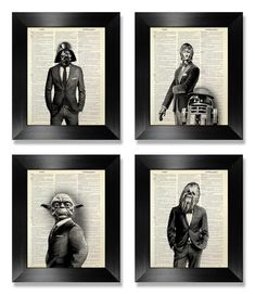 four framed pictures of star wars characters on an old book page, each with the same character