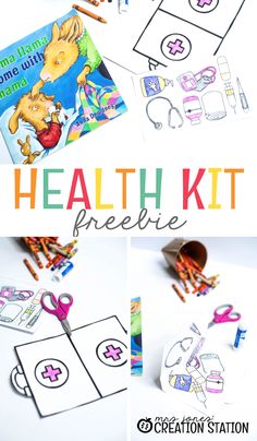 the health kit is shown with scissors, crayons and other items to make it