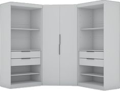 an open white cabinet with drawers and shelves on both sides, viewed from the front