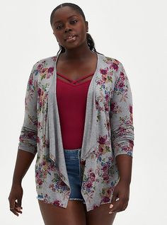 Super Soft knit fabric - An incredibly soft, versatile knit that hugs close to the body. Draped open front. Long sleeves. Hi-lo hem. Floral print. CONTENT + CARE  Rayon/spandex. Wash cold; dry flat. Imported plus size cardigan. SIZE + FIT Model is 5'9”, size 1. Size 2 measures 20-34” from shoulder. The best plus size women's super soft grey floral drape front cardigan cardigans & dusters in floral - grey made of supersoft. Plus Size Cardigan, Sweater Duster, Plus Size Cardigans, Open Front Sweater, Floral Cardigan, Soft Cardigan, Drape Cardigan, Long Sweaters Cardigan, Plus Size Sweaters