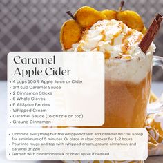 the caramel apple cider is served in a glass with whipped cream and cinnamon sticks