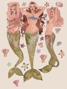 two mermaids are standing in the water