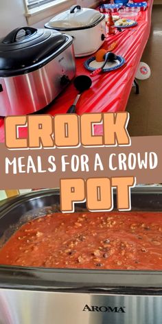 crock meals for a crowd pot with text overlay that reads crock meals for a crowd pot