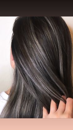 Dark Hair With Grey Underneath, Dark Brown Hair With Mushroom Lowlights, Chocolate Brown Hair With Grey Highlights, Long Dark Hair With Gray Highlights, Dark Brown Hair With Highlights To Blend Grey, Gray Babylights On Brown Hair, Highlights For Dark Hair With Grey, Blending Gray Hair With Dark Brown, Medium Brown Hair With Highlights To Cover Gray