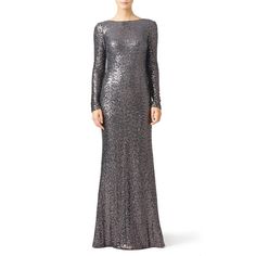 Silver sequins on mesh (100% Nylon). Long sleeves. Crew neckline. Draped back. Hidden side zipper. Fully lined. See size and fit tab for length. Imported. Charlie Weasley, Heavy Dresses, Mob Dresses, Sequin Gown, Dress Images, Rent The Runway, Western Dresses, Badgley Mischka, Modest Fashion