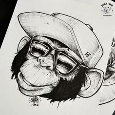 two drawings of monkeys wearing hats and glasses with one monkey's head in the middle