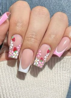 Pink Accent Nail Ideas, Strawberry Nails Ideas, Strawberry Nails Designs Summer, Summer Nail Flower Designs, Summer Strawberry Nails, Strawberry Nails Square, Girly Acrylic Nails Summer, Long Square Nails Design Ideas Summer, Flower Manicure Designs