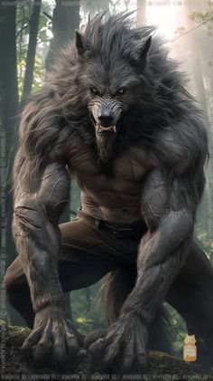 an image of a wolf with big teeth and claws on it's face, in the woods