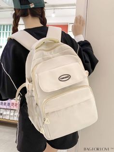 BagForLove - Classic Preppy Backpack with Medium Letter Patch Decor - Timeless and Stylish Casual Cream Backpack For School, Preppy Backpack, Classic Preppy, Word Wrap, Classic Backpack, Bags Backpacks, Bag Lady, Backpacks, Pattern